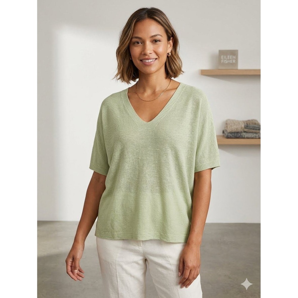 Eileen Fisher Womens Sage Green V-Neck Short Sleeve Knit Sweater Size S/P